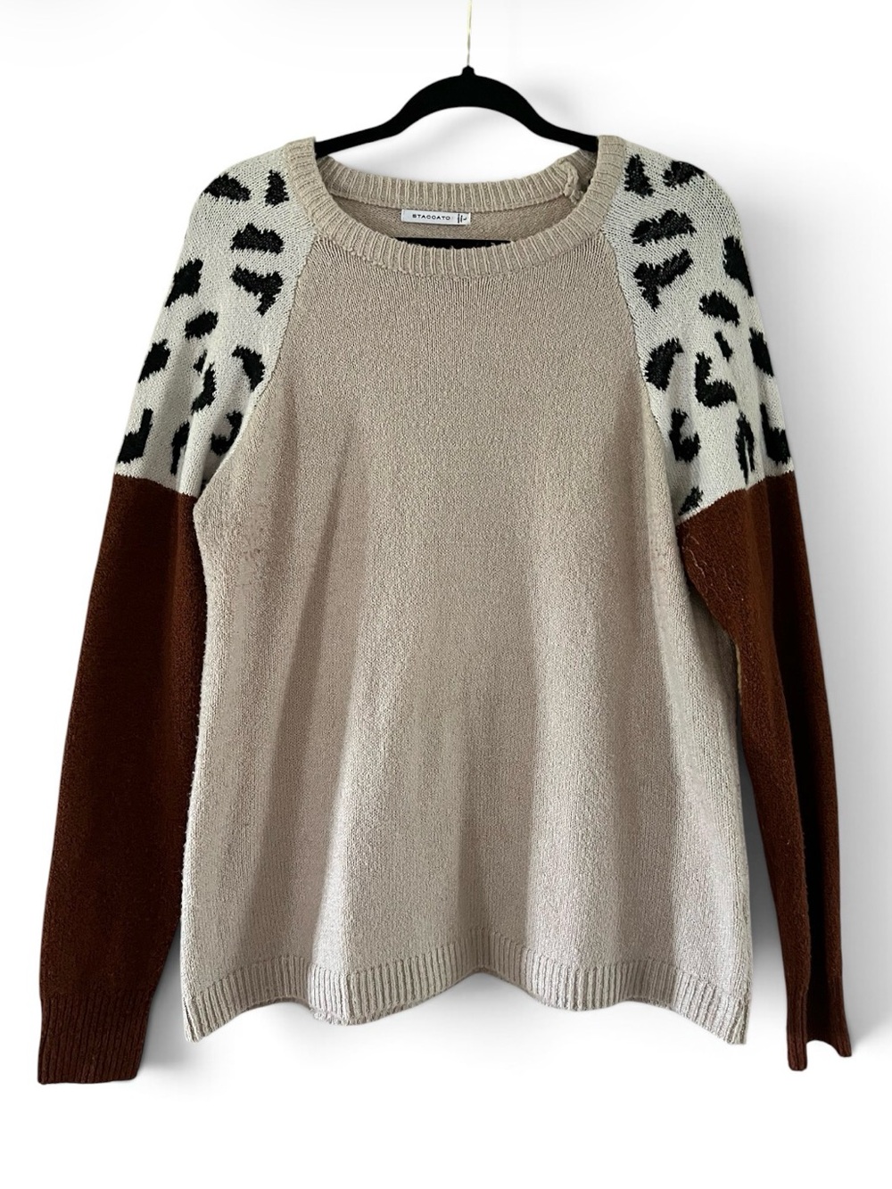 Staccato Taupe Crewneck Sweater with Brown Leopard-Accent Sleeves